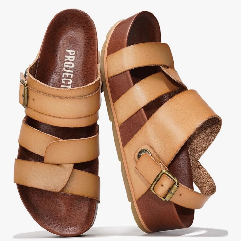 PROJECT CLOUD by Footbed Leather Slide Sandals in Tan and Brown